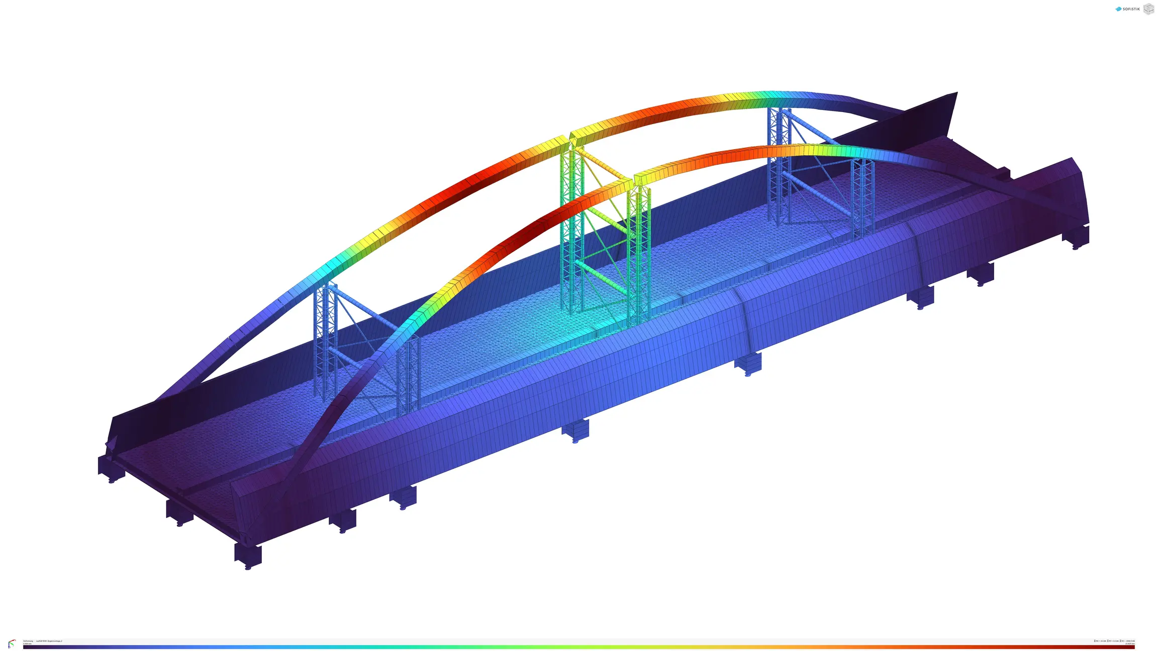 Analytisches Tragwerksmodell einer Stahlbrücke mit visualisierten Lastpfaden